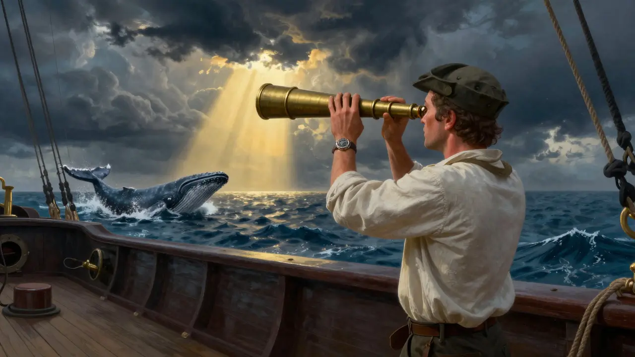 A sailor using a brass telescope to spot a distant whale in a stormy sea.