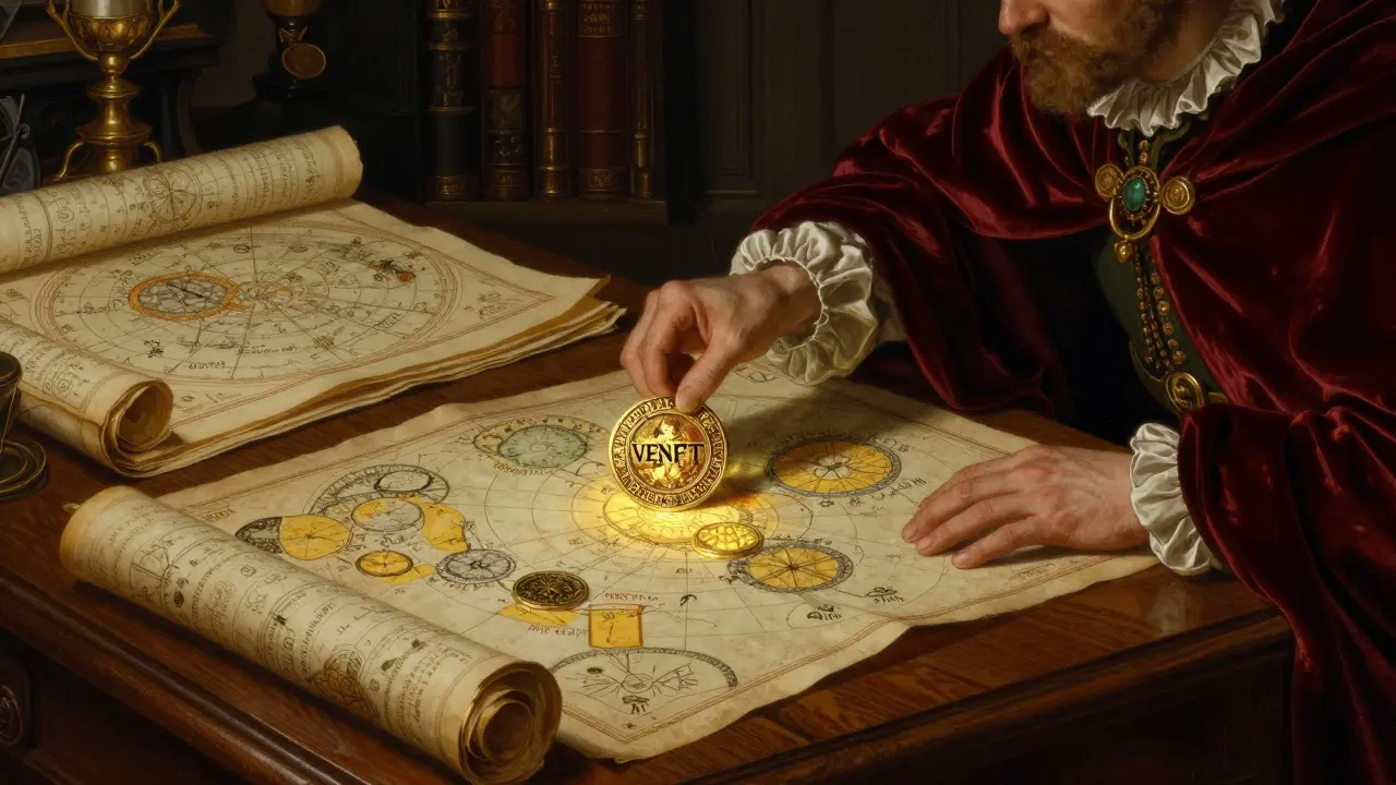 A scholar in a velvet cloak using an ornate medallion to vote on a map of trade pools.