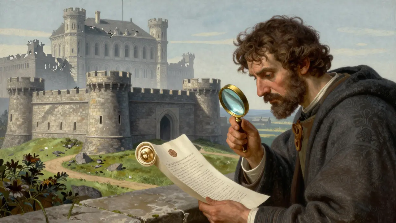 A scholar verifying an official document in front of a sturdy stone fortress.