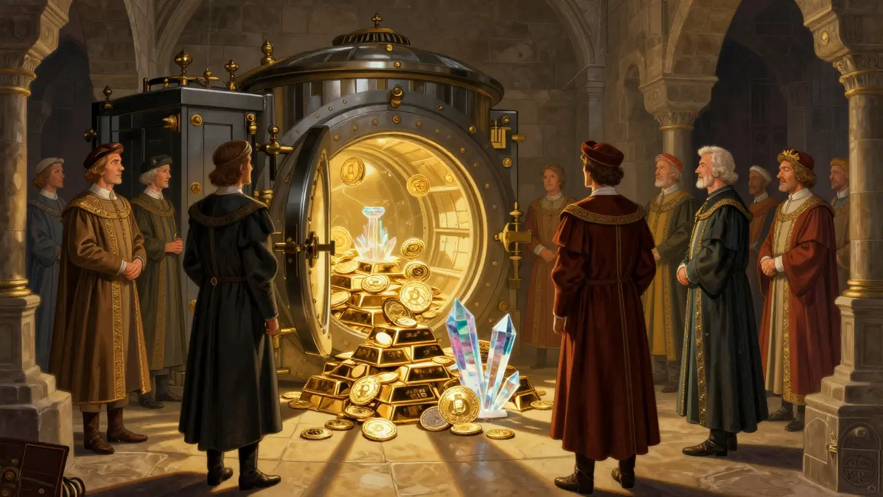 A secure stone vault containing glowing digital assets viewed by dignified statesmen.