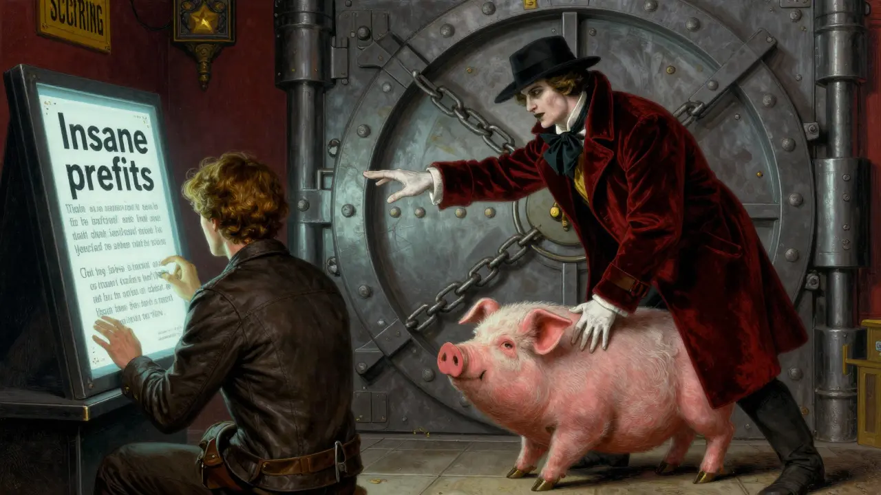 A sinister figure luring a victim toward a fake investment screen with a locked vault behind.