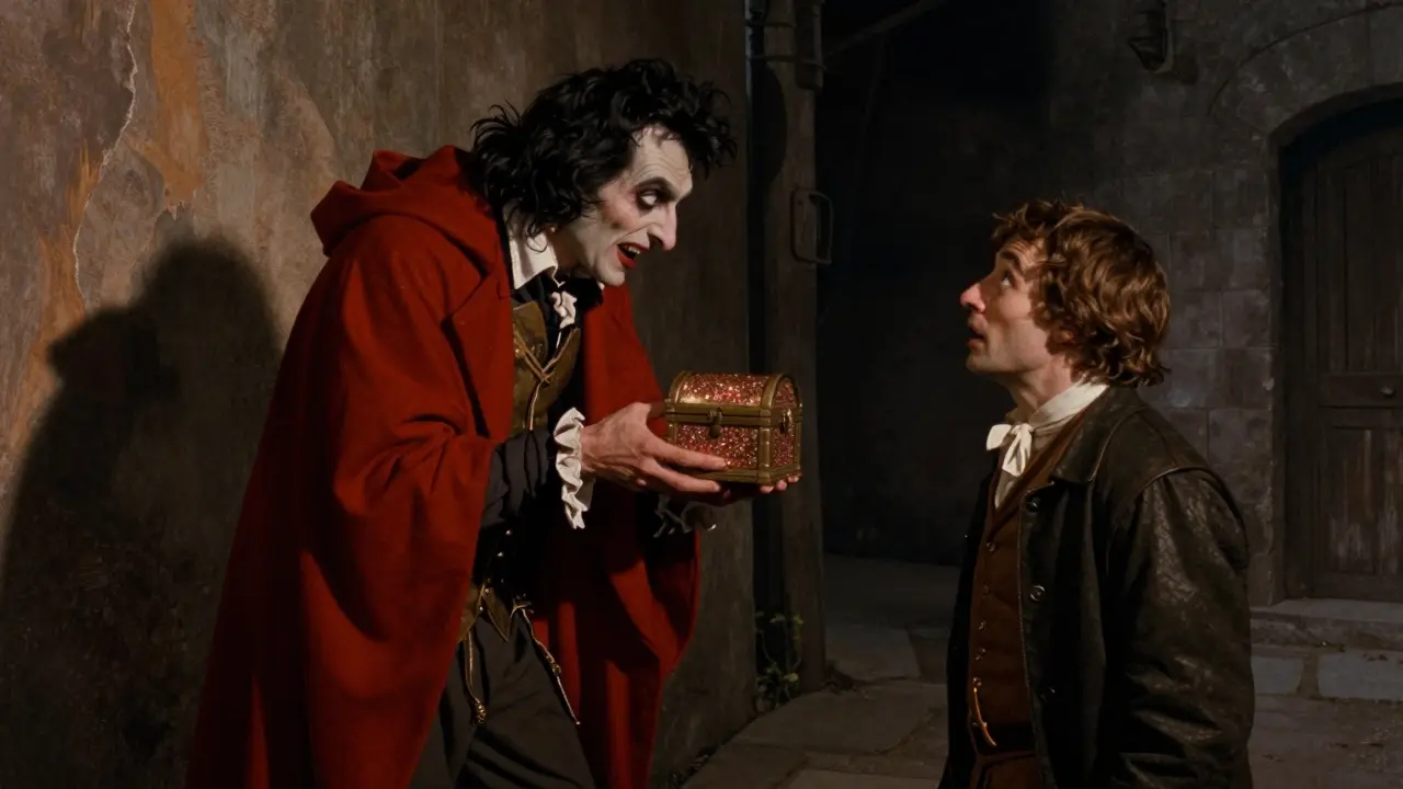 A sly man offering a small glittering chest to a hopeful merchant