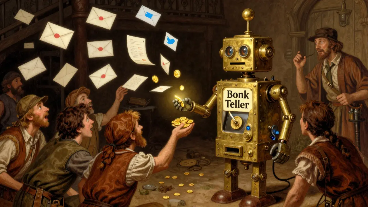 A steampunk robot distributing gold coins to people in a classic illustration style