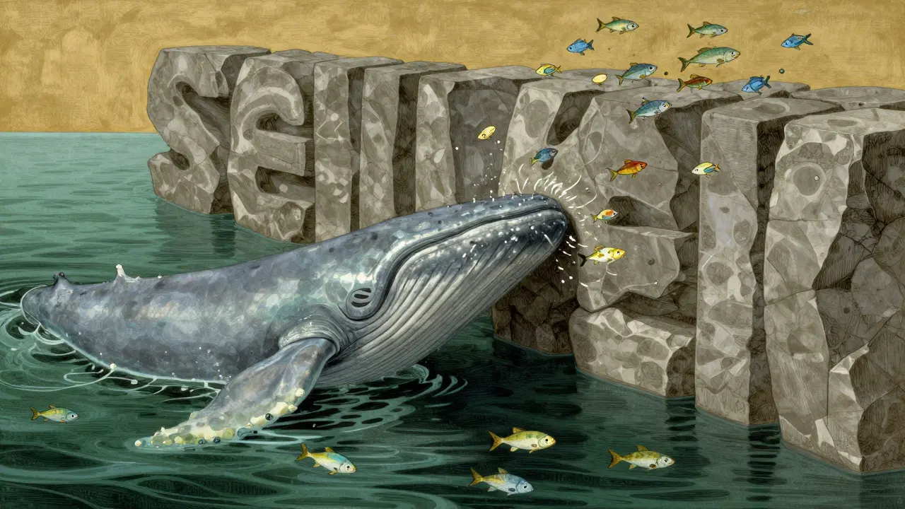 A translucent whale pushing a stone wall to scare away small colorful fish.