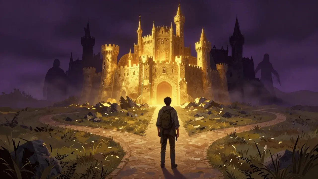 A traveler choosing between a golden fortress and a shadowy illusion