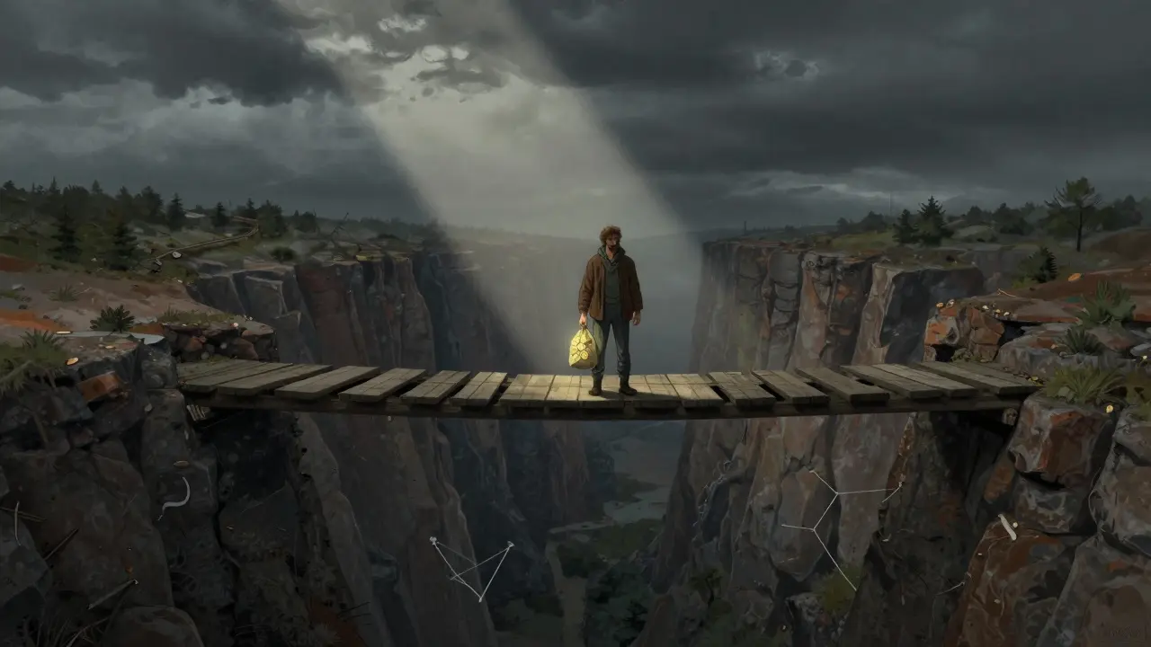 A traveler facing a broken bridge over a canyon representing investment risk