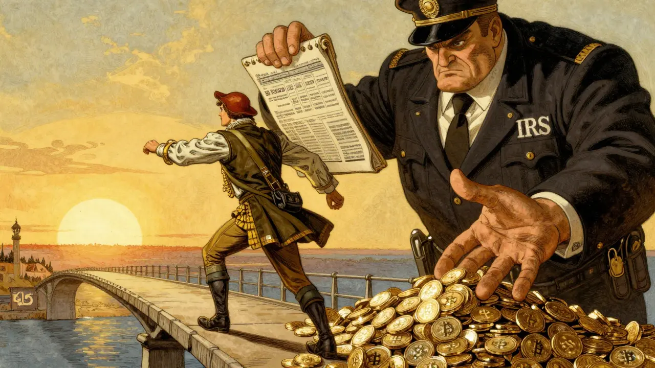 A wealthy person struggling to cross a bridge while a giant tax official demands payment in digital coins.