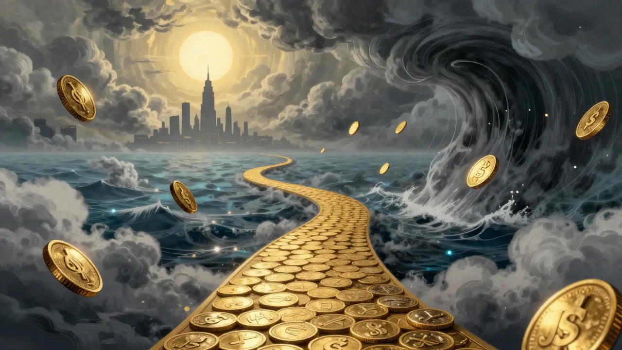 A winding path of golden coins through a stormy digital sky and dark abyss.