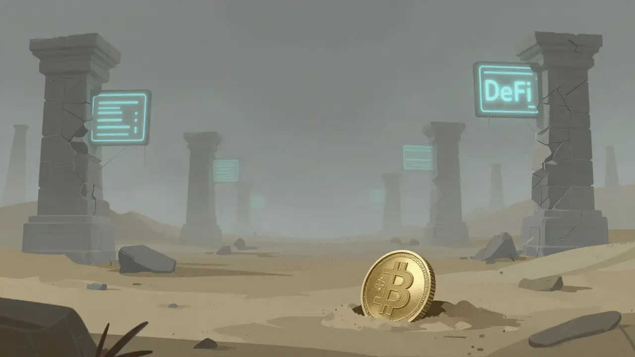 An abandoned digital ghost town with a forgotten coin in the dust
