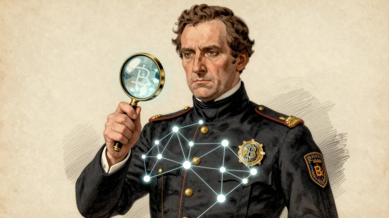 An authoritative regulator inspecting a digital blockchain network in a classic artistic style