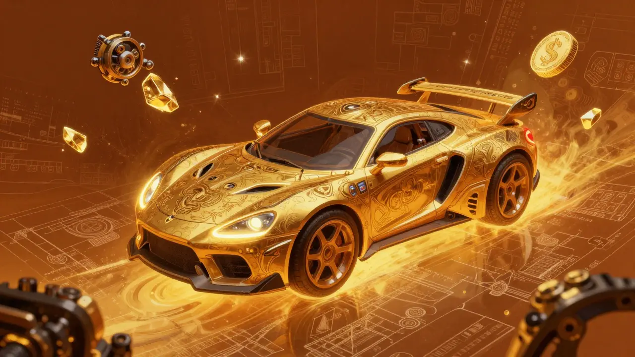 An ornate 3D NFT vehicle surrounded by glowing tokens and mechanical tools.