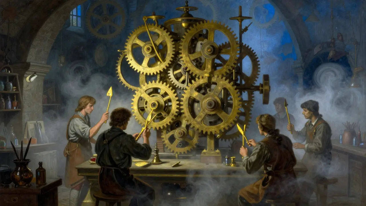 Artisans working on a complex brass clockwork machine shrouded in fog.