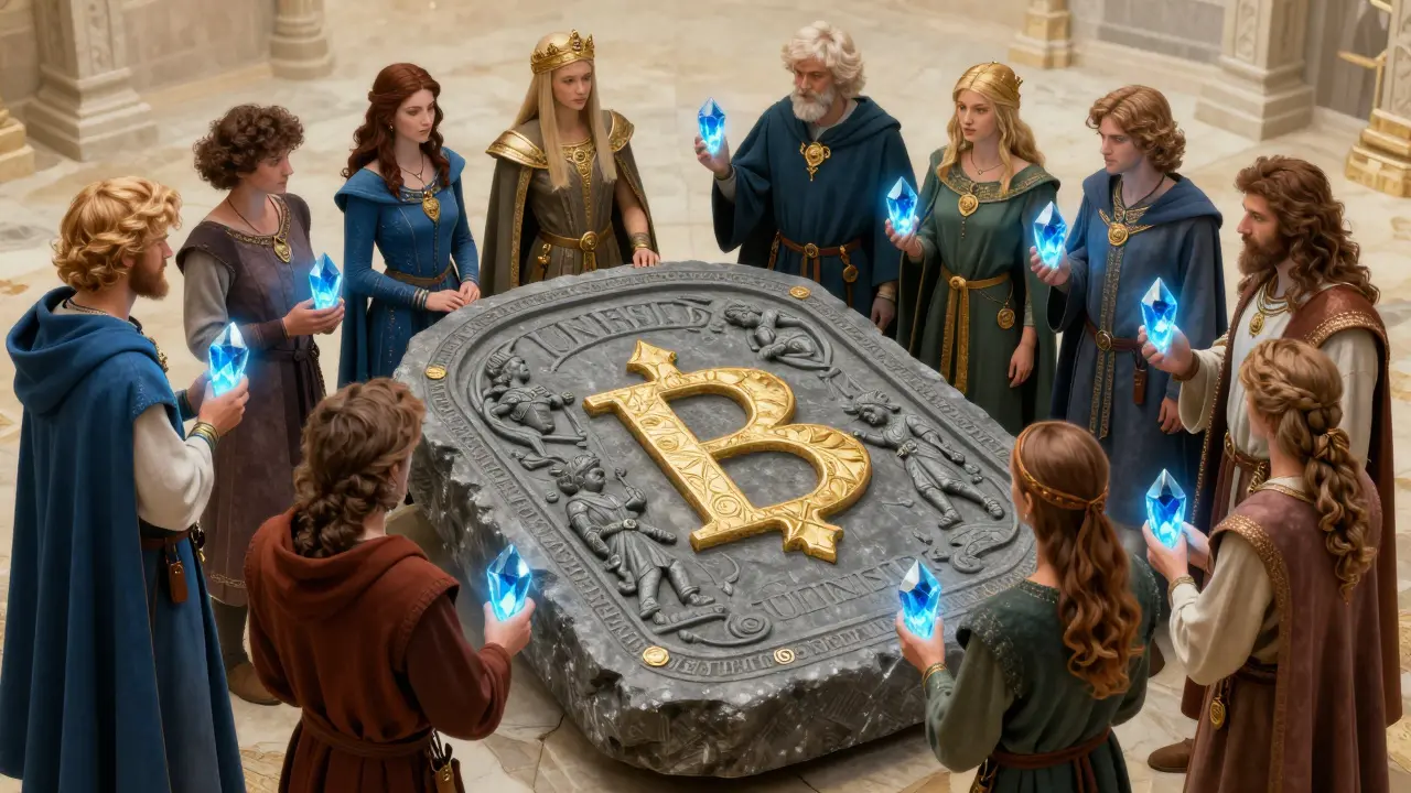 Characters studying an ancient stone tablet with glowing blue crystals