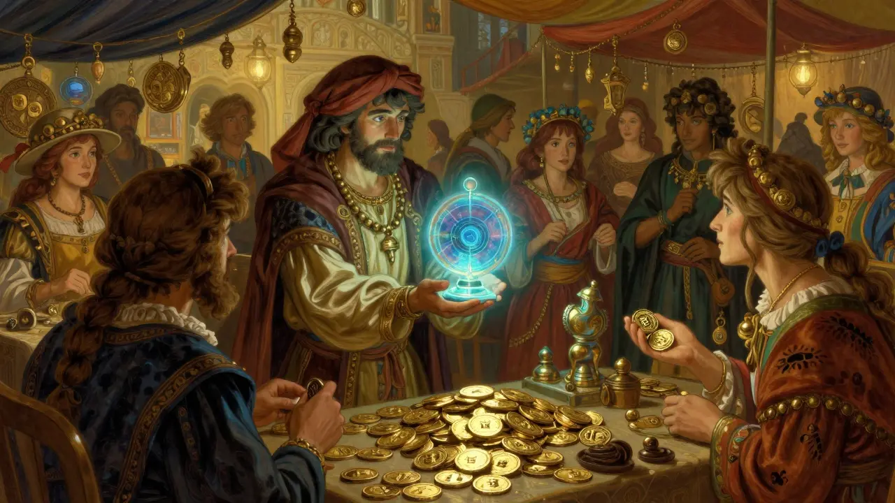 Characters trading rare virtual items for NBLU coins in a detailed digital marketplace.