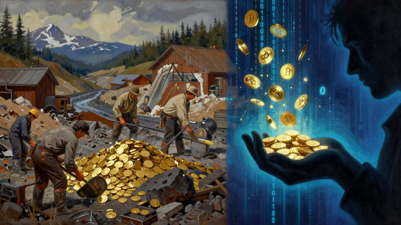 Comparison between a real gold mine and a digital void stealing cryptocurrency.