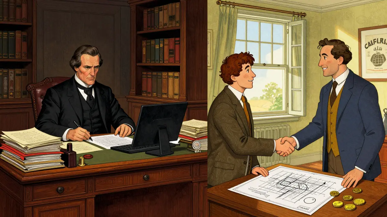 Contrast between a stifling New York bureaucratic office and a bright California study.