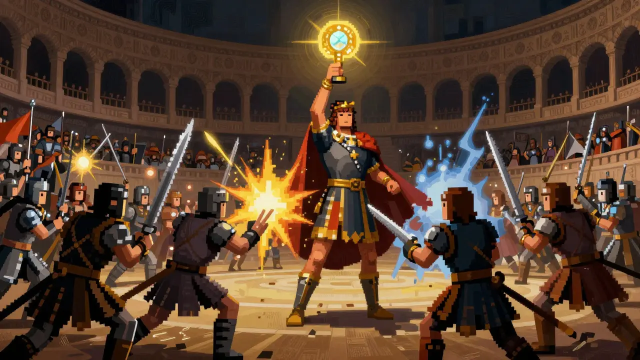 Epic battle between fantasy heroes in a grand colosseum arena.