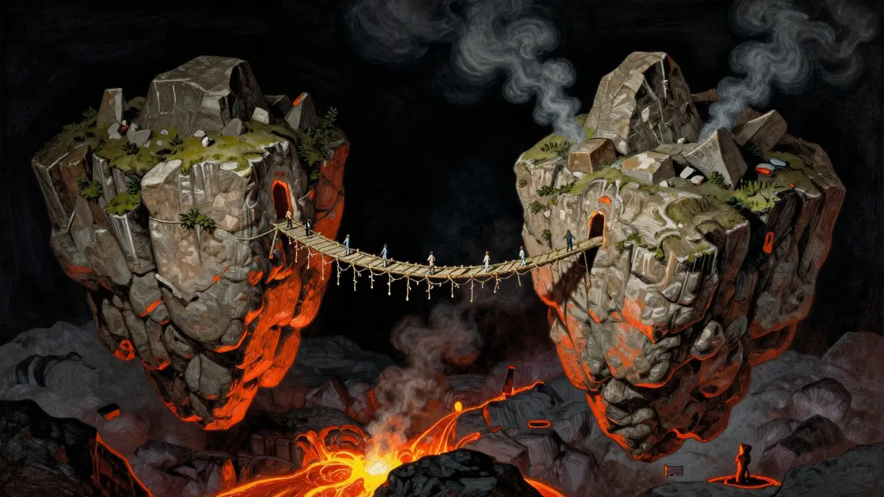 Explorers crossing a fragile rope bridge over a fiery volcanic chasm