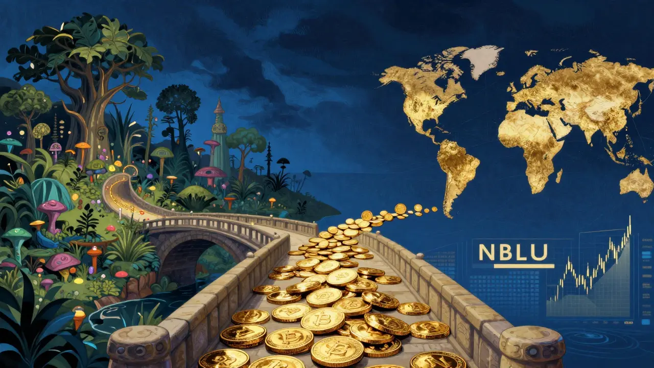 Golden NBLU coins flowing across a bridge connecting NuriTopia to the global crypto market.