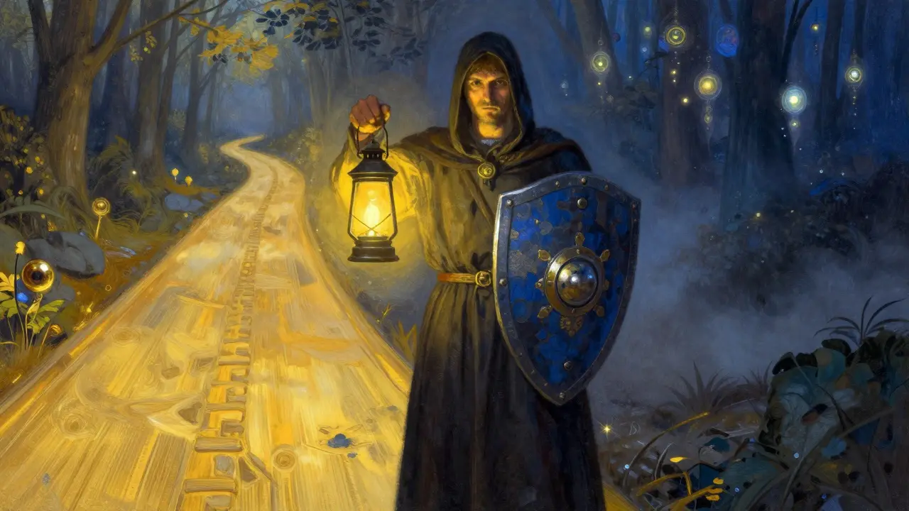 Guardian with a lantern choosing between a safe golden path and a foggy trap.