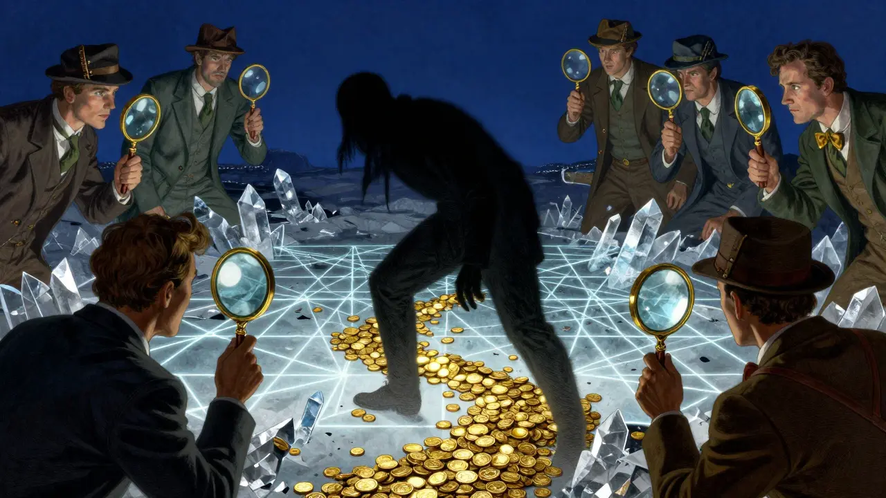 Investigators using magnifying glasses to uncover hidden patterns of gold coins on crystals.