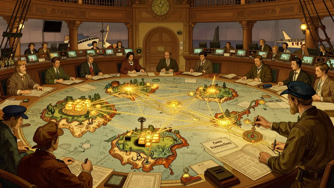 Navigators linking glowing threads between floating islands to track cross-chain assets.