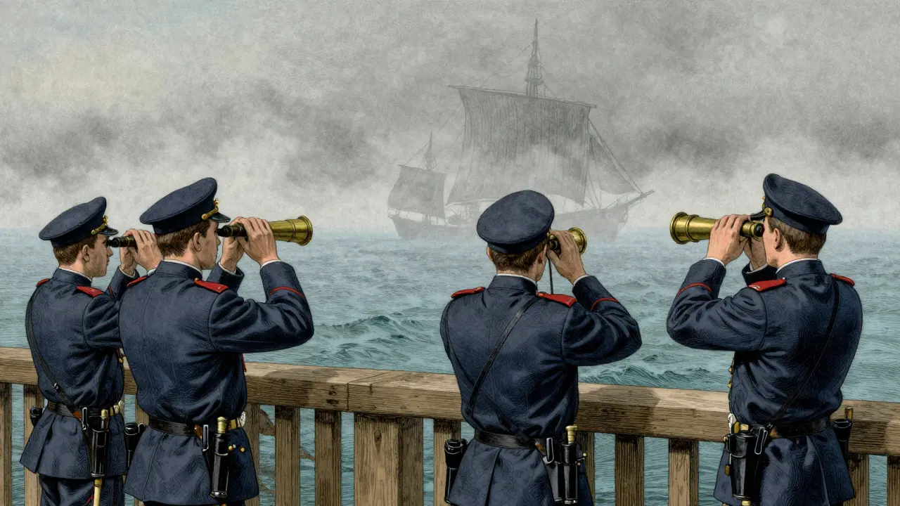 Officers searching through thick fog where ship trails disappear