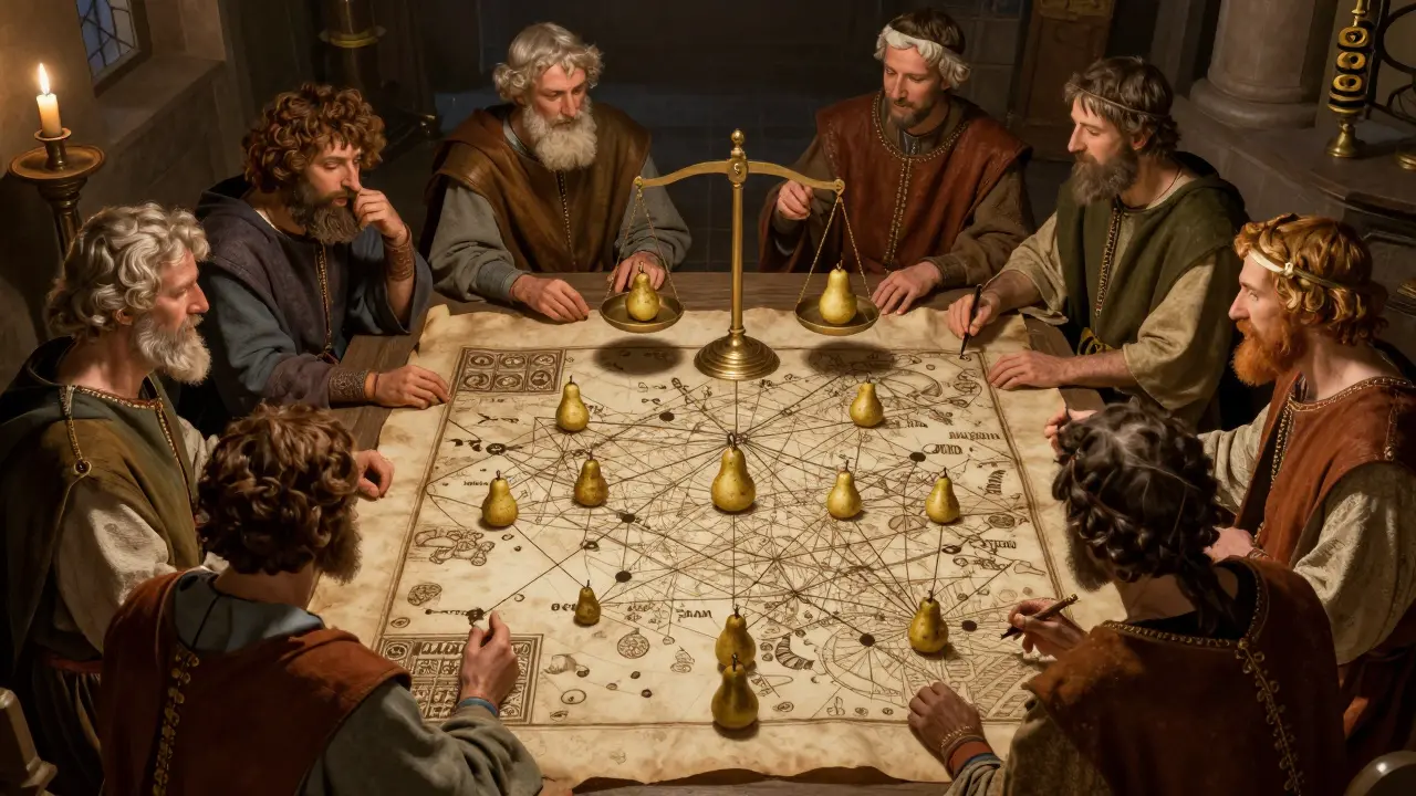 Scholars in a candlelit room voting with pear tokens over a large map.