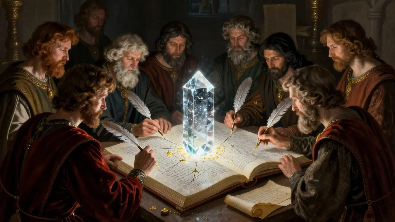 Scholars inscribing rules into a glowing crystal ledger in a dimly lit room.