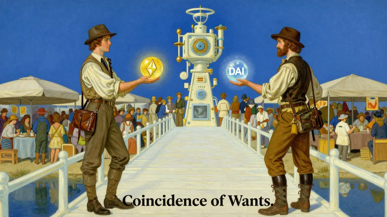 Two explorers exchanging glowing energy spheres across a shimmering bridge.