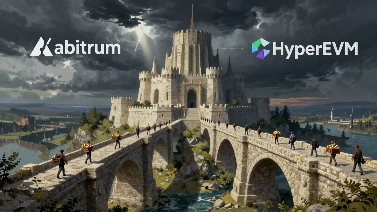 Two great stone bridges connecting at a fortified citadel under a dramatic, stormy sky.