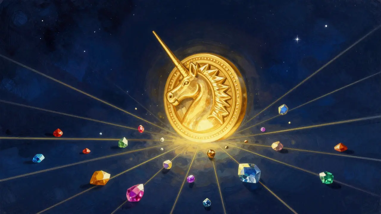 Various colorful gems being pulled toward a central glowing golden unicorn symbol.