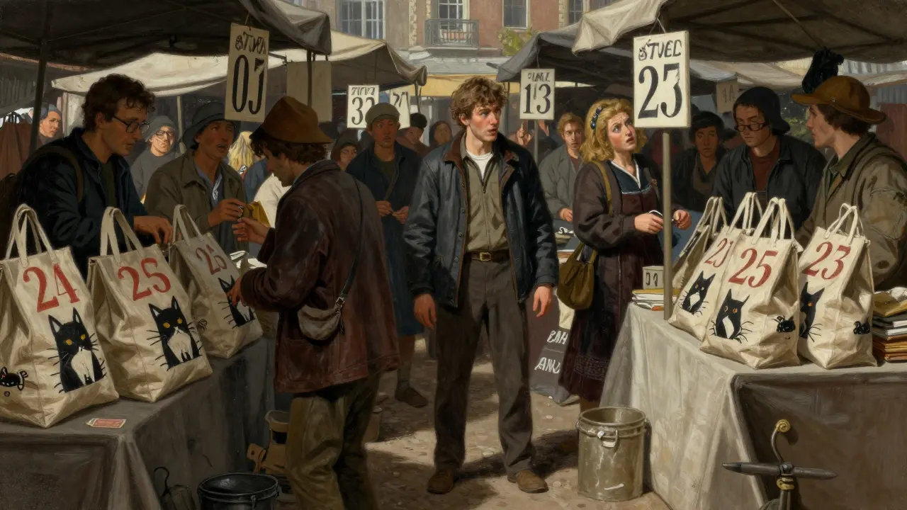 A chaotic market scene showing confusing price discrepancies for the same token.