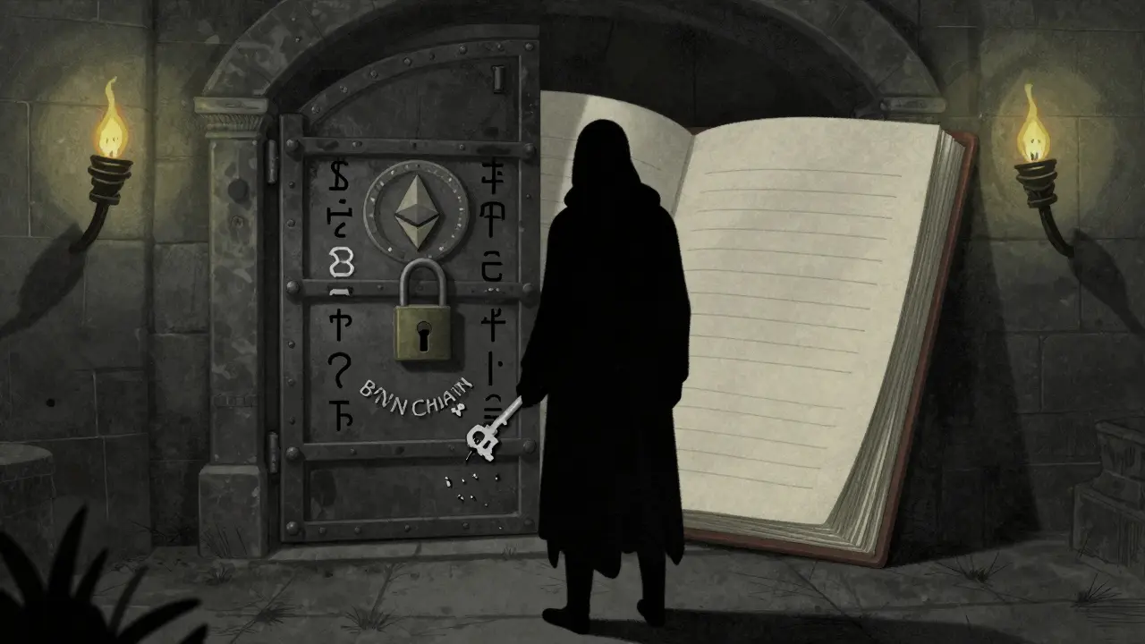 A figure facing a locked door with ambiguous keys, representing blockchain confusion.