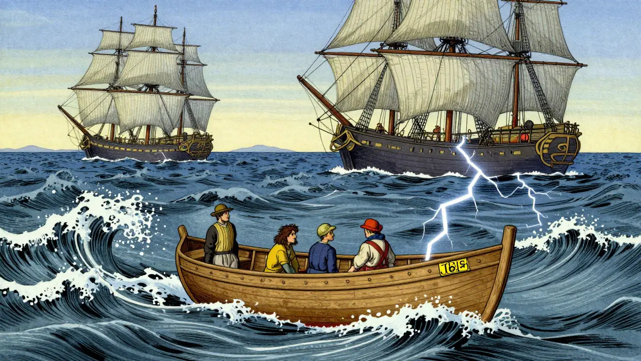 A small fragile boat in stormy seas versus large ships, illustrating low liquidity risks.