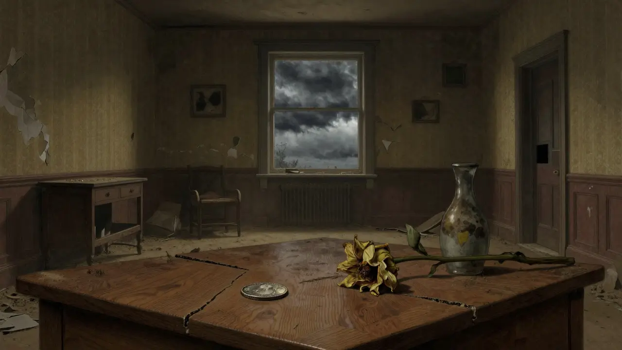 A tarnished coin lies alone on a dusty table in a dark, abandoned room, symbolizing a failed crypto project.
