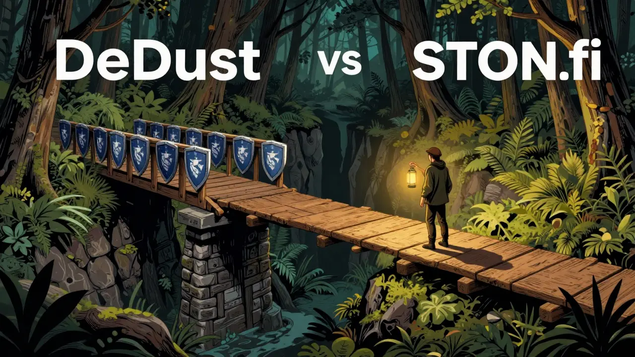 A traveler chooses between a fortified bridge and a simple plank, symbolizing DEX choices.