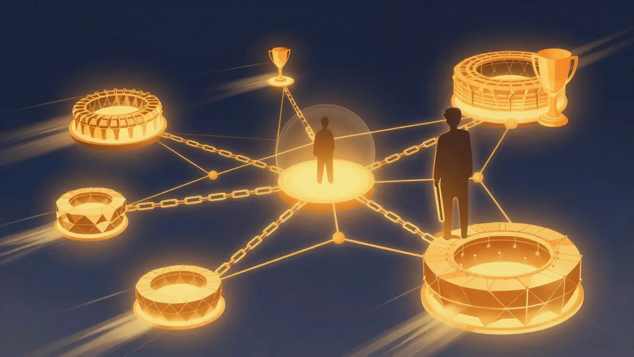 Abstract golden blockchain network with stadium nodes in Howard Pyle style