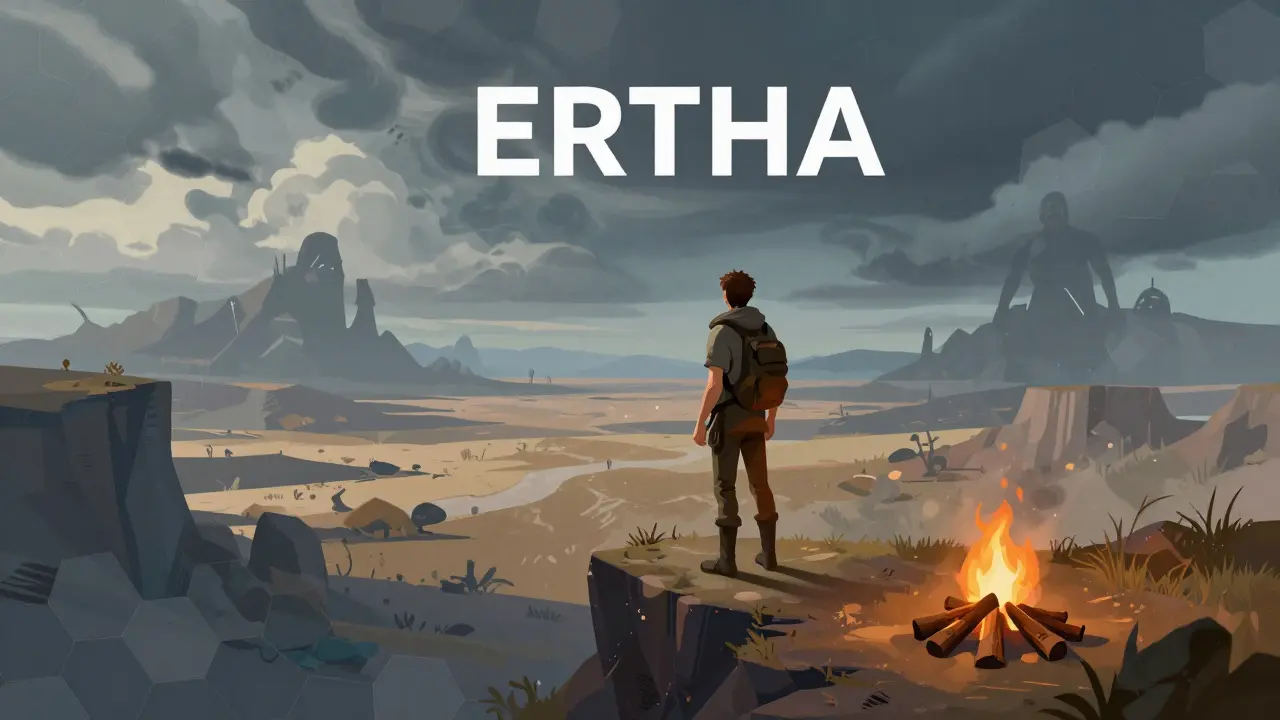 Adventurer overlooking landscape with digital hex grids and looming shadows