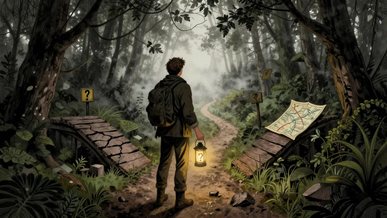 An adventurer at a risky crossroads in a dark forest, symbolizing investment uncertainty.