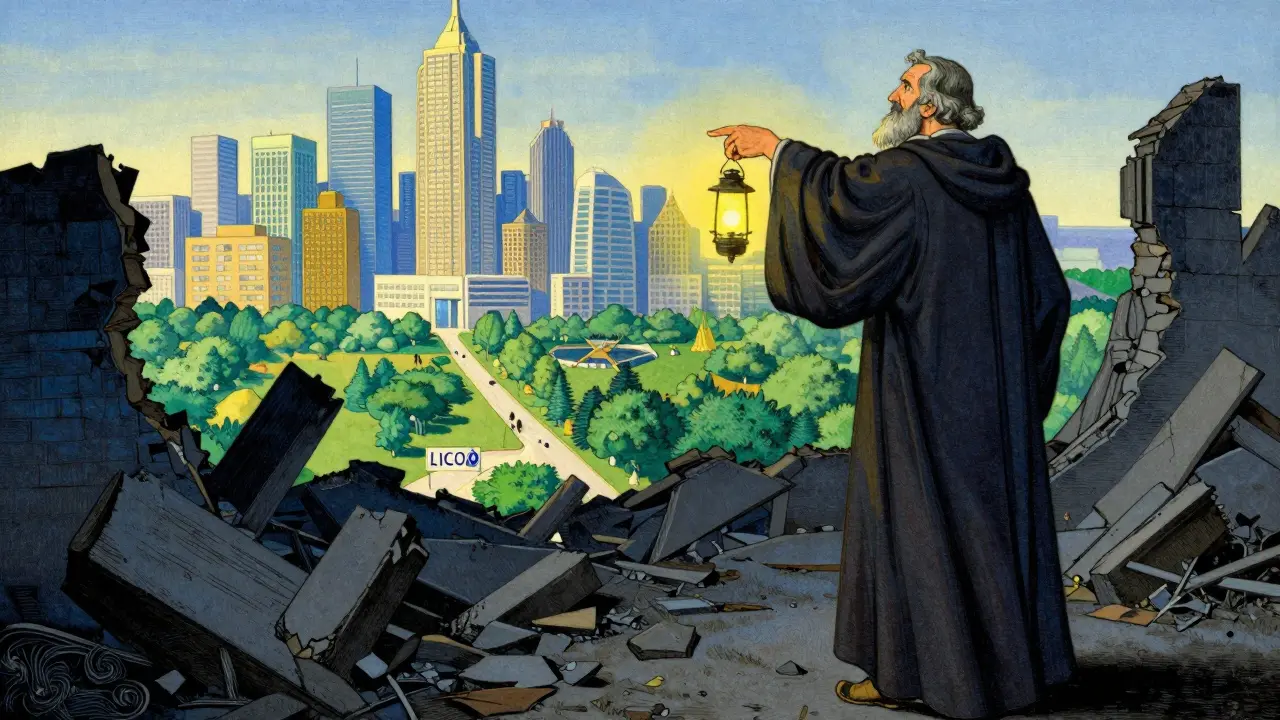 An advisor points away from a crumbling ruin toward a bright, thriving city, illustrating smart investment choices.