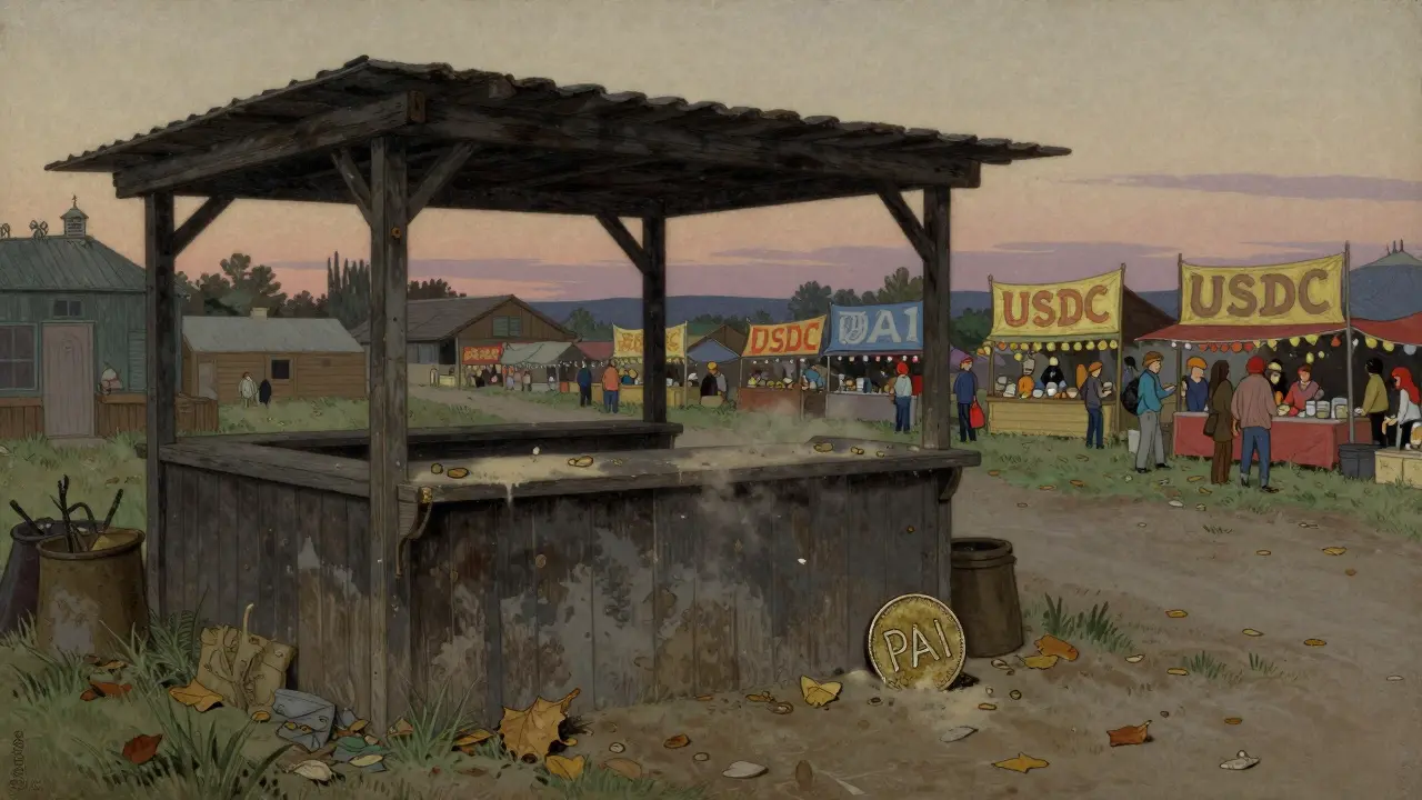 An empty, dusty stall with a single coin contrasts with distant busy markets.