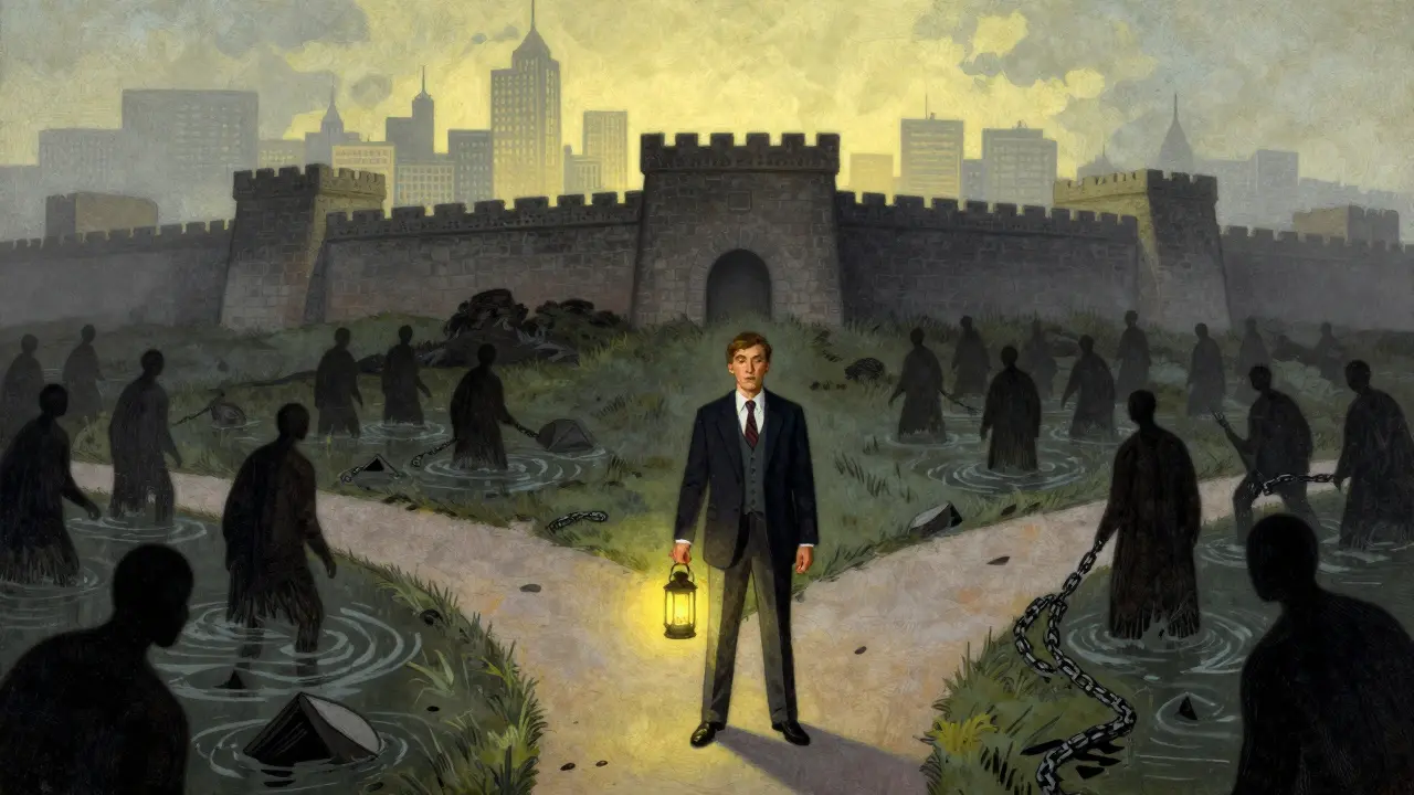 Businessman chooses safe path over dangerous swamp, illustrating compliance vs violation