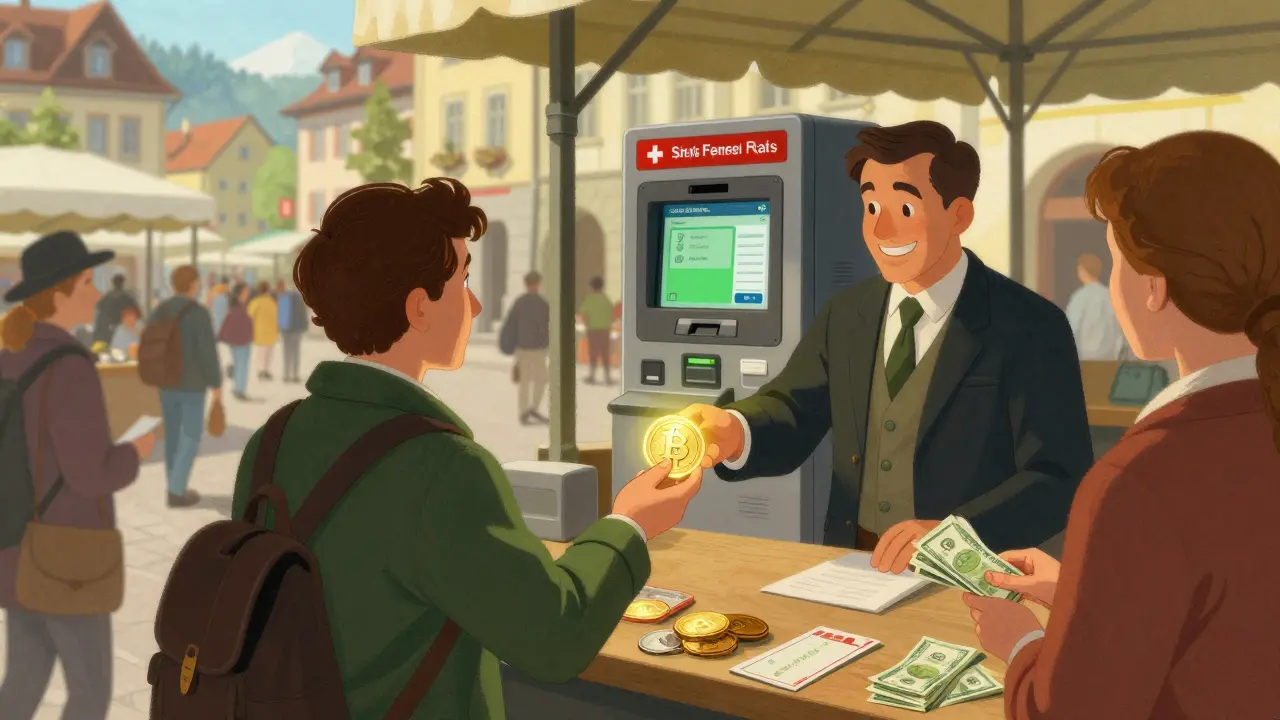 Citizens paying taxes and buying tickets with glowing crypto tokens in Zug