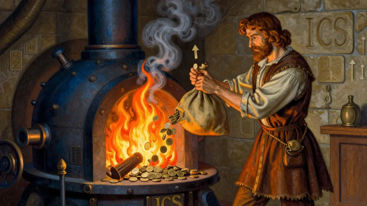 Coins being burned in a furnace to reduce supply, Howard Pyle style