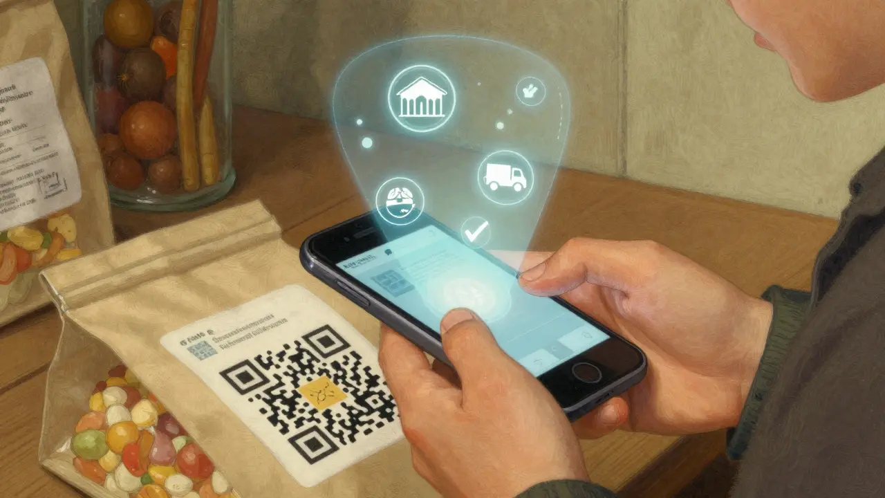 Consumer scanning a food package to see its verified blockchain history.