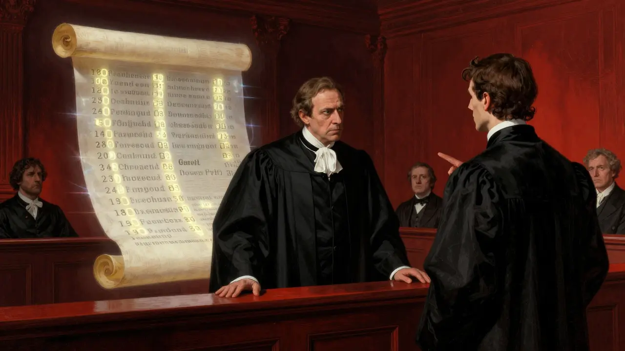 Courtroom scene where hidden metadata scrolls accuse a defendant.