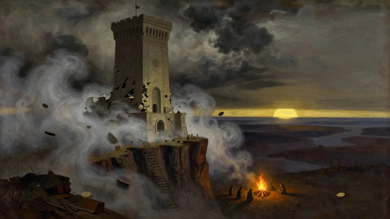 Dramatic Howard Pyle illustration of a crumbling tower symbolizing market decline and risk.