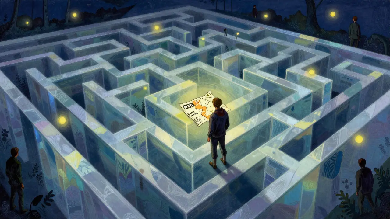 Figure navigating a complex, glowing maze representing crypto trading