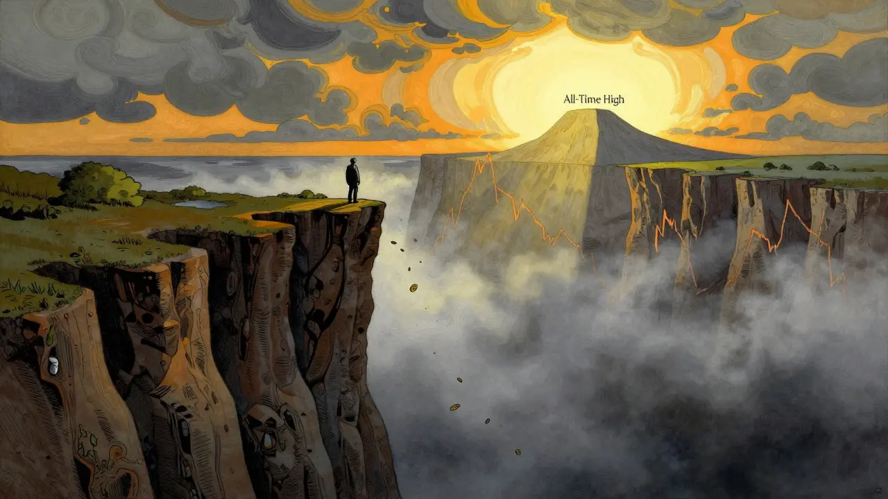 Figure on cliff edge watching tokens fall into abyss